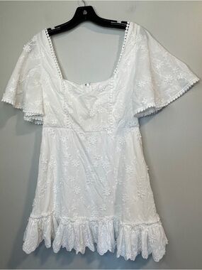 Showpo White Floral Eyelet Square Neck Flutter Sleeve Mini Dress